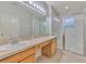 Bathroom featuring a dual sink vanity, large mirror, and separate shower with glass doors at 5046 Gato Del Sol Cir, Wesley Chapel, FL 33544