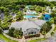 Aerial view of a clubhouse near lush trees, walking paths, pool, and playground in a Gathering-friendly neighborhood at 5717 Fishhawk Ridge Dr, Lithia, FL 33547
