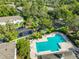 Aerial view of a community pool, lush landscaping, and ample parking for residents and guests at 5717 Fishhawk Ridge Dr, Lithia, FL 33547