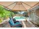 View of the refreshing pool and outdoor seating area in a shaded backyard oasis at 6865 Circle Creek Dr, Pinellas Park, FL 33781