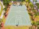 Aerial view of a community basketball court near a lagoon with palm trees providing a tropical feel at 9816 Ivory Dr, Sun City Center, FL 33573