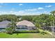 Aerial view of home featuring pool, screened in porch, and lush greenery at 19113 Golden Cacoon Pl, Lutz, FL 33558