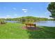 Bench overlooking a beautiful lake surrounded by lush, mature trees at 19113 Golden Cacoon Pl, Lutz, FL 33558
