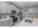 Well-lit kitchen with gray cabinets, stainless steel appliances, and quartz countertops at 2507 Arbor Wind Dr, Lutz, FL 33558