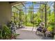 Relaxing screened patio with outdoor seating and views of the lush backyard at 28568 Tranquil Lake Cir, Wesley Chapel, FL 33543