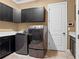 Modern laundry room featuring sleek black cabinets, front load washer and dryer with ample counter space at 3214 Forsythia Dr, Odessa, FL 33556
