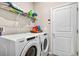Functional laundry room with modern washer and dryer, storage shelves, and convenient access door at 33854 Floating Heart Ct, Wesley Chapel, FL 33545