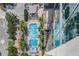 Aerial view of the community pool surrounded by lush palm trees and lounge chairs at 777 N Ashley Dr # 2312, Tampa, FL 33602