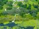 This aerial shot features a lake with a dock, a playground and trails winding through a manicured lawn at 8749 Drummer Plank Dr, Wesley Chapel, FL 33545