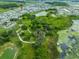 Wide aerial view showcasing the residential community, lakes, walking trails, and natural surroundings at 8749 Drummer Plank Dr, Wesley Chapel, FL 33545