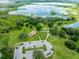 An aerial shot of a green park, a pond, playground and parking with the sky reflected in the water at 8749 Drummer Plank Dr, Wesley Chapel, FL 33545