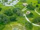 This aerial shot features a playground, a dog park, a building and parking area next to walking trails at 8749 Drummer Plank Dr, Wesley Chapel, FL 33545