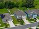 Slightly angled aerial view of home with fenced-in backyard and manicured lawn within a quiet residential community at 13735 Wineberry Dr, Dade City, FL 33525