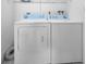 White washer and dryer with blue accents in dedicated laundry area offer convenience at 2010 Groveland Rd, Palm Harbor, FL 34683