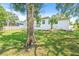 Lush green backyard with an old tree, white house exterior and fence providing privacy for outdoor activities at 2017 Rebecca Dr, Clearwater, FL 33764