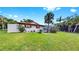 Spacious backyard with lush green grass, tropical palm trees, and a screened patio with water view at 2401 Roberta Ln, Clearwater, FL 33764