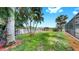 Scenic backyard with mature palm trees, waterfront views, lush landscaping, and private dock at 2401 Roberta Ln, Clearwater, FL 33764
