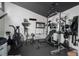 Home gym featuring a weight rack, various workout equipment, mirrors, and rubberized floor tiles for a complete fitness center at 2412 W Prospect Rd, Tampa, FL 33629