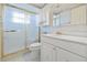 Bathroom with white cabinets, frosted glass shower door, and matching sink at 8405 Woodbridge Blvd, Tampa, FL 33615