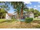 Backyard with a screened pool and tropical landscaping including palm trees and manicured bushes at 9807 Stephenson Dr, New Port Richey, FL 34655