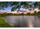 Panoramic view of the lake and surrounding homes, enhanced by a colorful sunset sky at 10361 Lightner Bridge Dr, Tampa, FL 33626