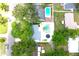 Aerial view of a property featuring a swimming pool, trampoline, and artificial turf at 1317 S Betty Ln, Clearwater, FL 33756