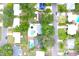 Bird's-eye view of residential houses, showcasing verdant tree coverage and swimming pools, within this peaceful neighborhood at 1317 S Betty Ln, Clearwater, FL 33756