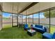 Covered patio features outdoor seating, an artificial grass floor, and plenty of natural light at 39024 Harlow Rose Dr, Zephyrhills, FL 33540