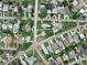 Aerial view shows property lines in a suburban area surrounded by gardens and residential houses at 1580 Arizona Ave Ne, St Petersburg, FL 33703
