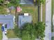 Birds-eye view of a home with a fenced yard and detached shed, showing its proximity to other houses at 17701 Sunrise Dr, Lutz, FL 33549