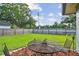 Backyard view with wrought iron table and chairs and privacy fence at 17701 Sunrise Dr, Lutz, FL 33549