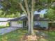 Single story home features a two-car garage and lush shade tree with hanging plants in the front yard at 17701 Sunrise Dr, Lutz, FL 33549