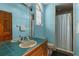 Charming bathroom featuring blue walls, a pedestal sink, a walk-in shower, and a vintage-inspired mirror at 3772 Woodridge Pl, Palm Harbor, FL 34684