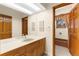 Bathroom featuring a vanity with double sinks, a large mirror, and wood cabinets at 3772 Woodridge Pl, Palm Harbor, FL 34684