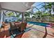 The screened-in patio offers comfortable seating and dining areas, perfect for enjoying poolside meals and gatherings at 9220 Hidden Water Cir, Riverview, FL 33578