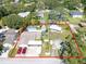 Aerial view of a home with a pool and a spacious, fully-fenced backyard, outlined in red for property boundary at 11996 117Th St, Seminole, FL 33778