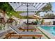 Tranquil poolside lounge area with comfortable striped chairs and a shady umbrella, perfect for relaxing at 1242 Whisper Dr, Largo, FL 33770