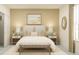Bedroom featuring a comfortable bed, side tables, accent bench and a soothing color palette at 1554 Serenity Outlook Ct, Lutz, FL 33548
