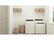 Well-organized laundry room with modern washer and dryer, storage shelf and decorative baskets at 1554 Serenity Outlook Ct, Lutz, FL 33548