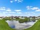 Backyard view featuring a tranquil pond and lush green lawn on a sunny day at 1821 Hawks View Dr, Ruskin, FL 33570