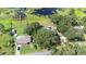 Aerial view of backyard featuring a pool and dock on the lake at 35836 Lakeshore Dr, Dade City, FL 33525
