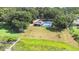 Aerial view of home with screened-in pool, backyard and dock on lake at 35836 Lakeshore Dr, Dade City, FL 33525