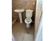 Bathroom features a pedestal sink, toilet, and tiled walls and floors at 4705 Murray Hill Dr, Tampa, FL 33615