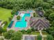 Aerial view of the community pool, spa and playground surrounded by lush green landscaping at 5131 Gato Del Sol Cir, Wesley Chapel, FL 33544