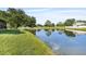 The backyard features a serene lake, lush grass, and mature trees, perfect for relaxing at 5131 Gato Del Sol Cir, Wesley Chapel, FL 33544