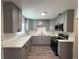 Updated kitchen features gray cabinetry, stainless steel appliances, quartz countertops and wood grain vinyl flooring at 8018 Mulberry St, Tampa, FL 33604