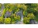 Aerial view of a home featuring a pool, fire pit, and lush landscaping at 803 Brooker Village Cir, Lutz, FL 33548