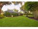 Expansive backyard featuring a screened-in lanai, manicured lawn, and lush, mature landscaping at 803 Brooker Village Cir, Lutz, FL 33548