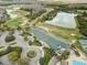 Aerial view featuring a clubhouse, pool, golf course, and surrounding greenery at 10532 Plantation Bay Dr, Tampa, FL 33647