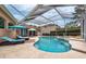 Inviting screened-in pool area with lounge chairs, ideal for outdoor enjoyment with two blue umbrellas at 10532 Plantation Bay Dr, Tampa, FL 33647